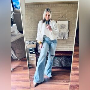 POL Open-Knit Scoop Neck Cream Sweater